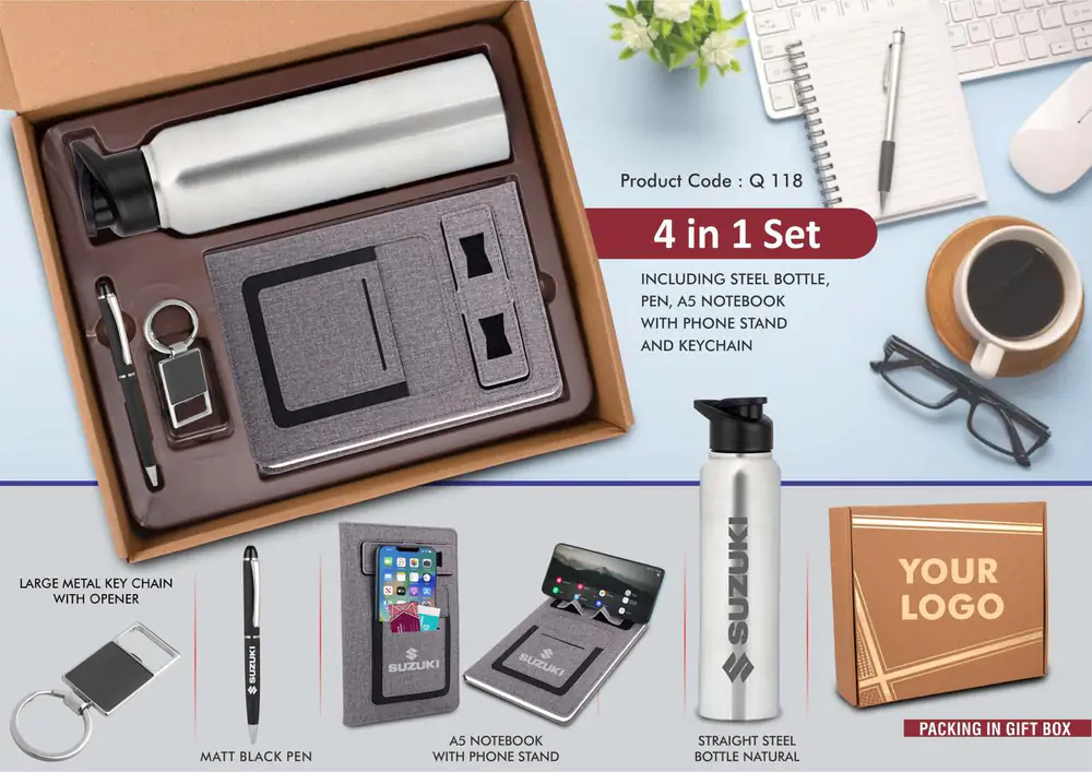 Q118 - 4 in 1 Gray set: Metal Keychain, SS natural bottle, Metal Pen and 4 in 1 notebook in Kraft Gift Box