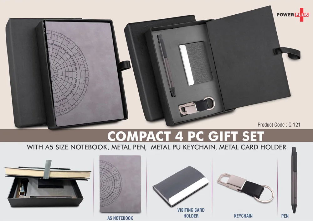 Q121 - Compact 4 pc Gray gift set: A5 size Notebook, Metal pen, Metal PU Keychain, Metal Card holder