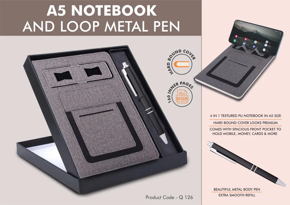 Q126 - Gray Notebook Gift set: Multifunction Notebook With Classy Metal Pen
