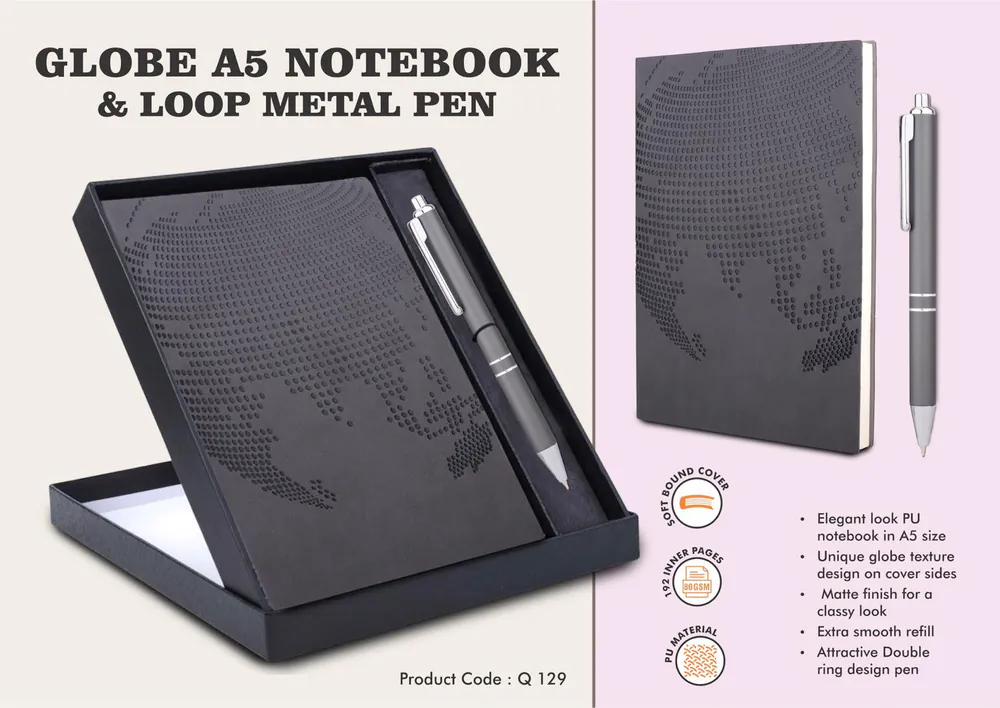 Q129 - Globe Notebook Gift set: A5 Globe Notebook With Pen