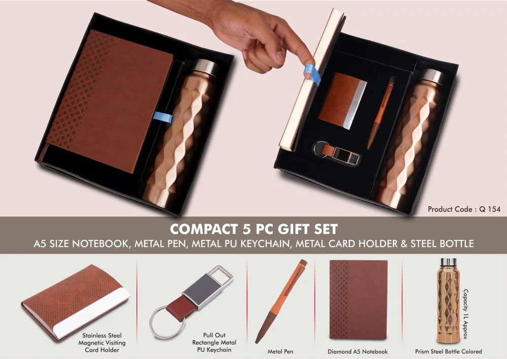 Q154 - Compact 5 Pc Tan Gift Set: A5 Size Notebook, Metal Pen, Metal Pu Keychain, Metal Card Holder & Prism Steel Bottle