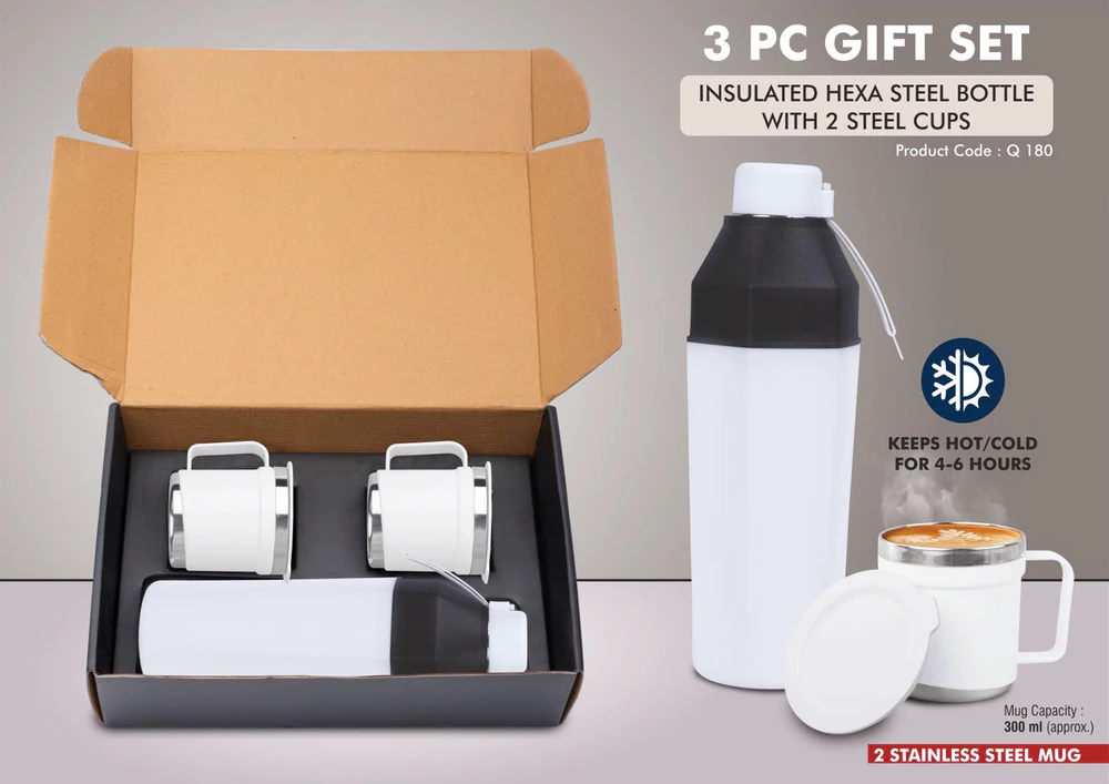 Q180 - 3 pc Gift Set : Insulated Square Steel bottle with 2 Steel cups | Keeps hot for 4-6 hours