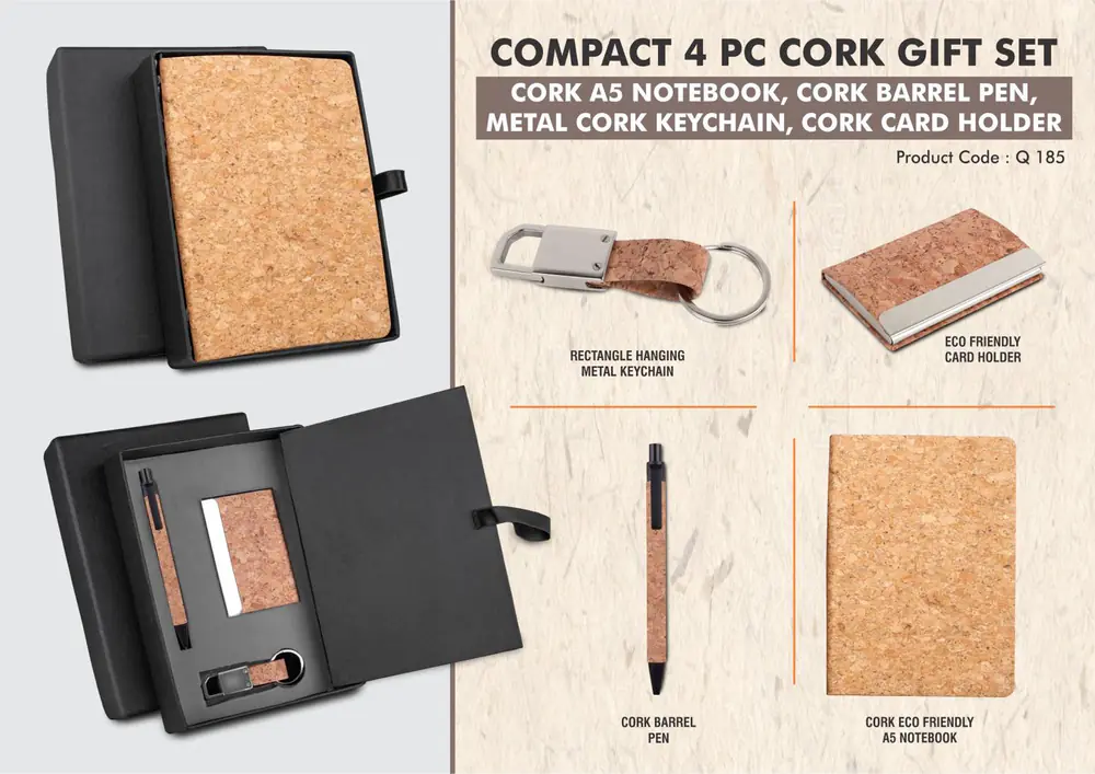 Q185 - Cork 4 pc set: Cork notebook with card holder, hanging cork keychain and cork pen