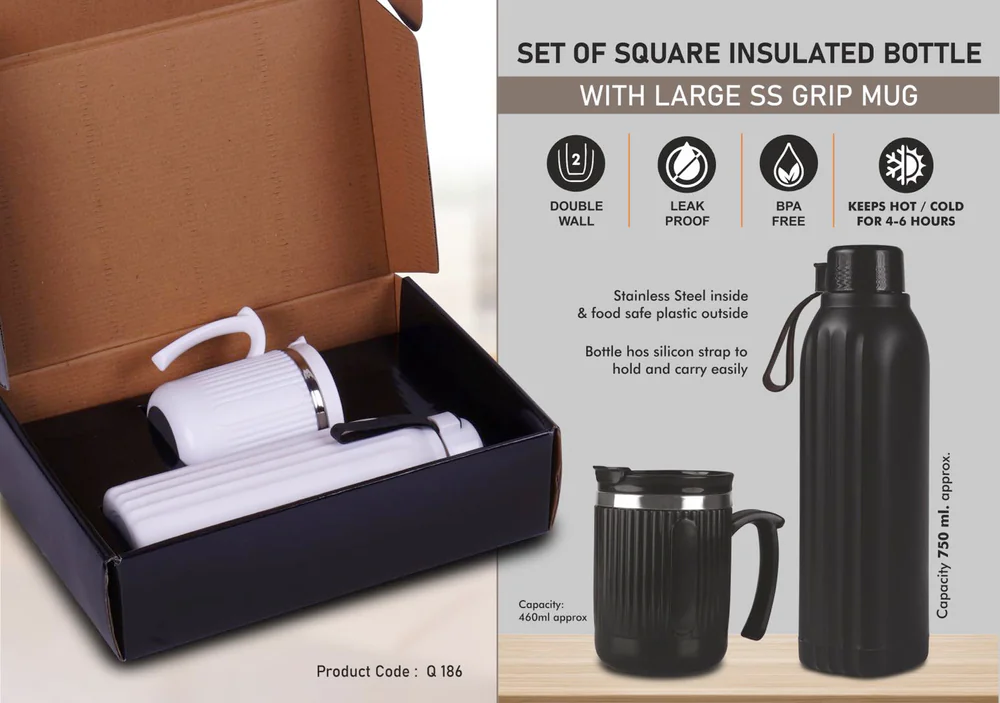 Q186 - Set of Square Insulated bottle with Large SS Grip mug | Bottle Keeps hot for 4-6 hours