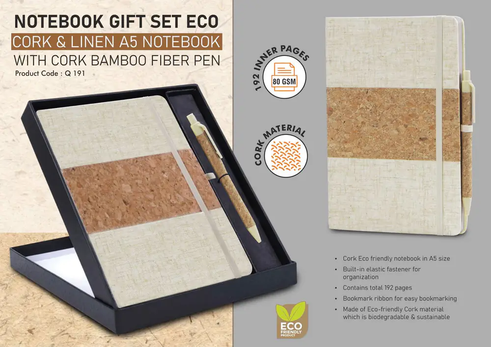 Q191 - Notebook Gift set Eco: Cork & Linen A5 Notebook With Cork Bamboo Fiber Pen