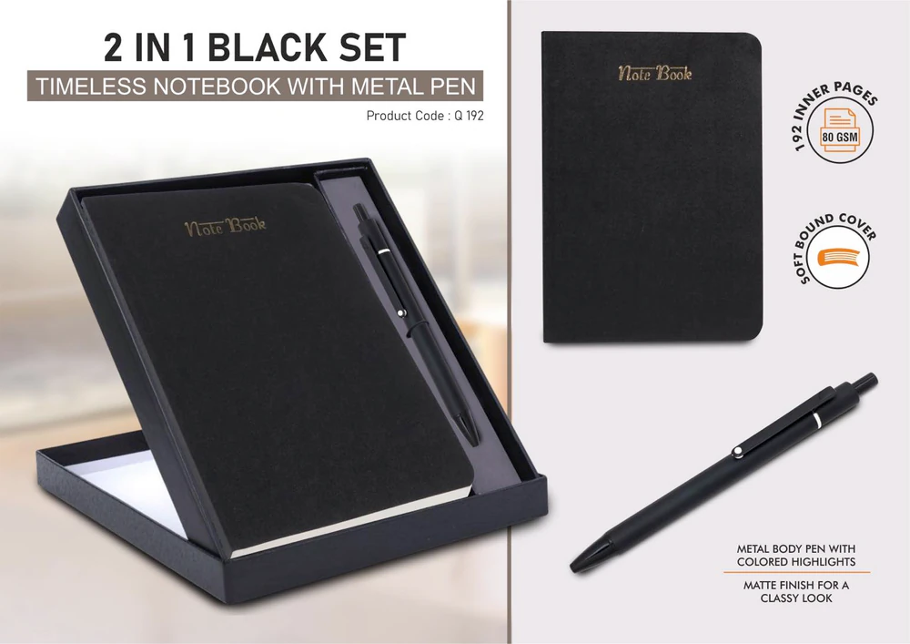 Q192 - 2 in 1 Black Set: Timeless notebook with Metal Pen in Folding Cardboard Box