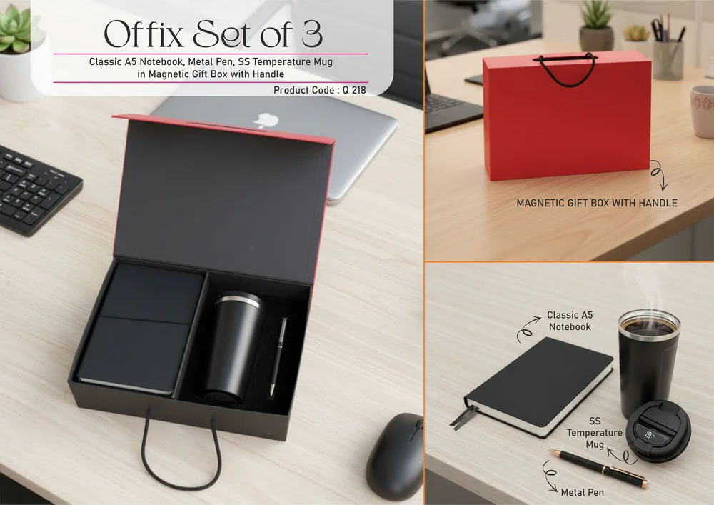 Q218 - Offix Set of 3: Classic A5 Notebook, Metal Pen, SS Temperature Mug in Magnetic Gift Box with Handle