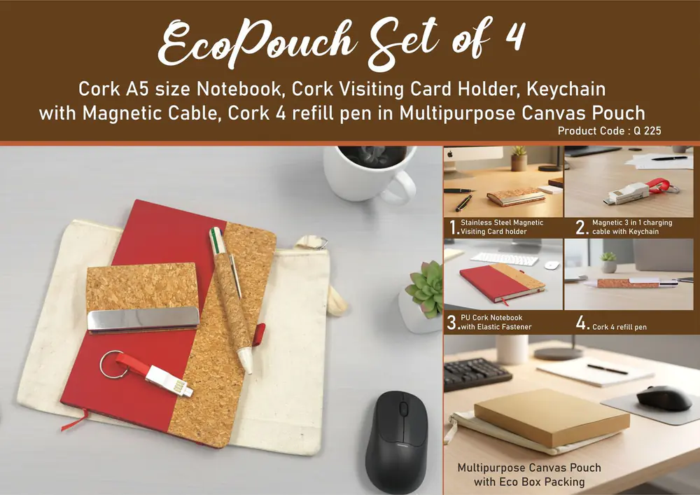 Q225 - EcoPouch Set of 4: Cork Executive Kit in Multipurpose Canvas Pouch- Red edition