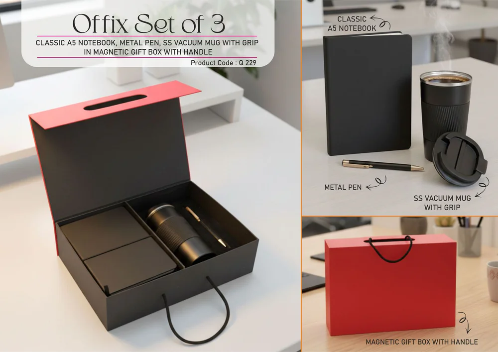 Q229 - Offix Set of 3: Classic A5 Notebook, Metal Pen, SS Vacuum Mug with grip in Magnetic Gift Box with Handle