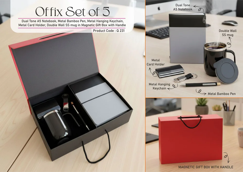 Q231 - Offix Set of 5: Dual Tone A5 Notebook, Metal Bamboo Pen, Metal Hanging Keychain, Metal Card Holder, Double Wall SS mug in Magnetic Gift Box with Handle
