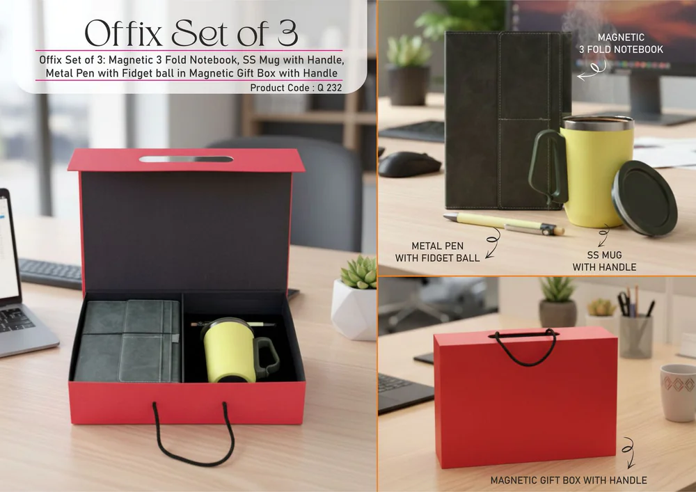 Q232 - Offix Set of 3: Magnetic 3 Fold Notebook, SS Mug with Handle, Metal Pen with Fidget ball in Magnetic Gift Box with Handle