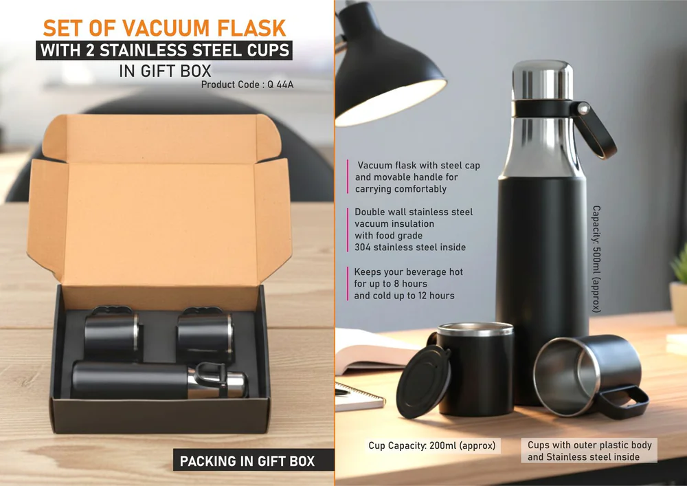 Q44a - Set of Vacuum Flask with 2 Stainless steel cups in Gift box