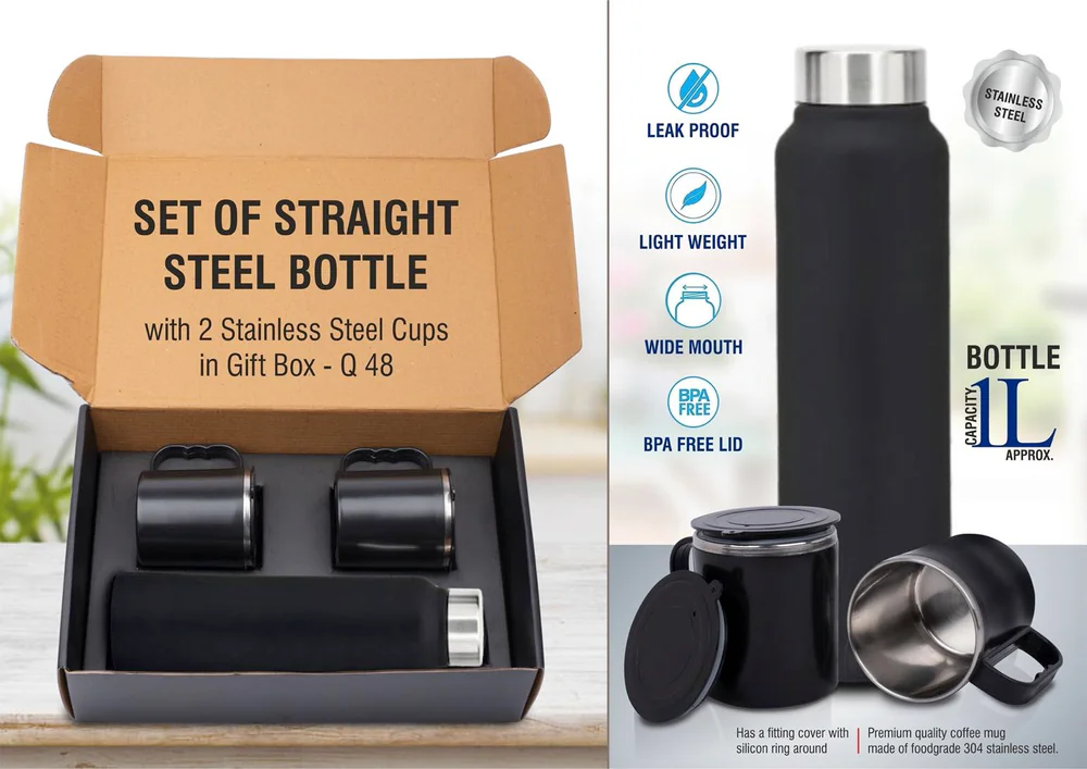Q48 - Set of Black Stainless Steel Bottle with 2 Stainless steel cups in Gift box | Bottle capacity 1L approx