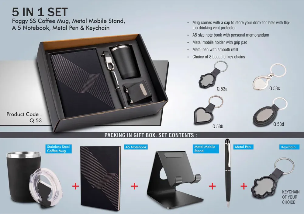 Q53 - 5 in 1 set: Foggy SS coffee mug, Metal pen, Metal mobile stand, A5 notebook and Keychain