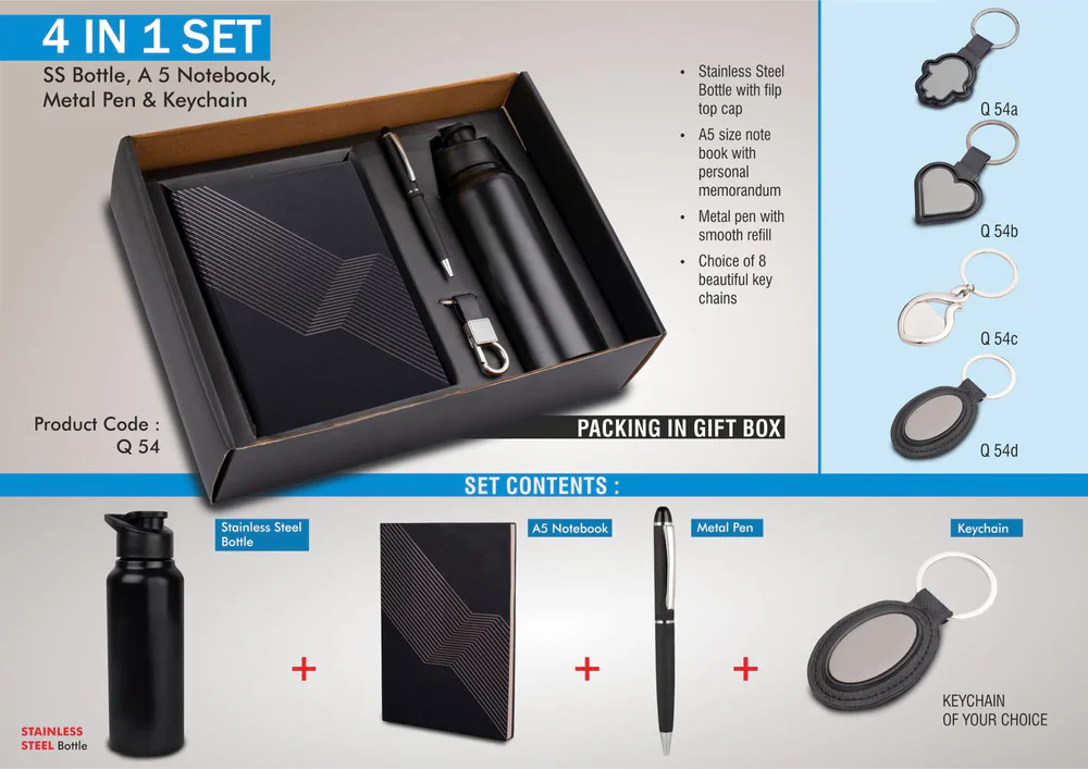 Q54 - 4 in 1 set: Stainless Steel bottle, metal pen, Metal keychain, A5 notebook