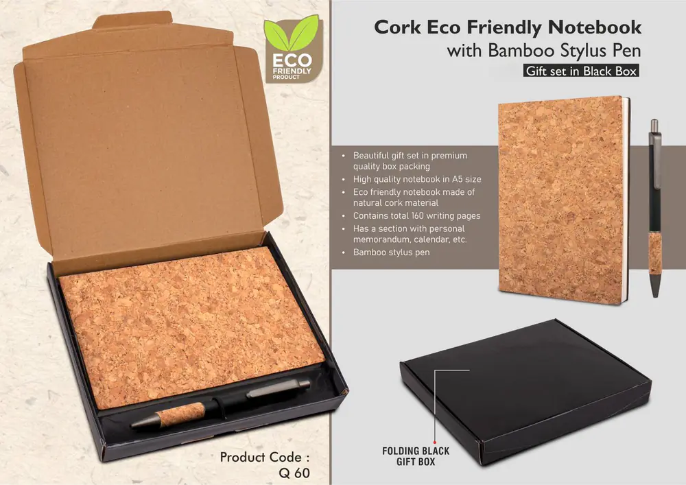 Q60 - Cork Notebook with Cork Grip Velvet touch pen | Gift set in Black Texture box
