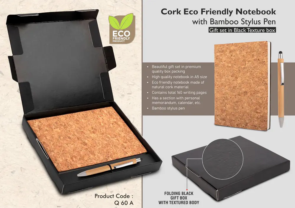 Q60a - Cork Notebook with Bamboo Stylus pen | Gift set in Black box