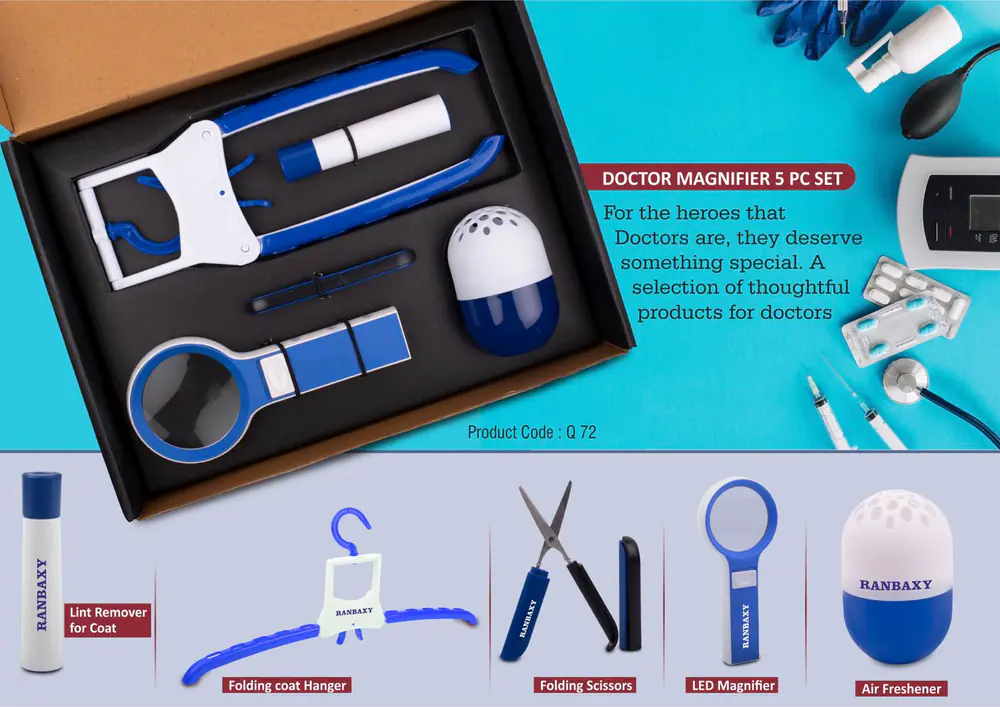 Q72 - Doctor Magnifier set: Folding Coat hanger, Lint remover, Folding scissors, LED Magnifier, Capsule shape Air freshener | 5 pc set