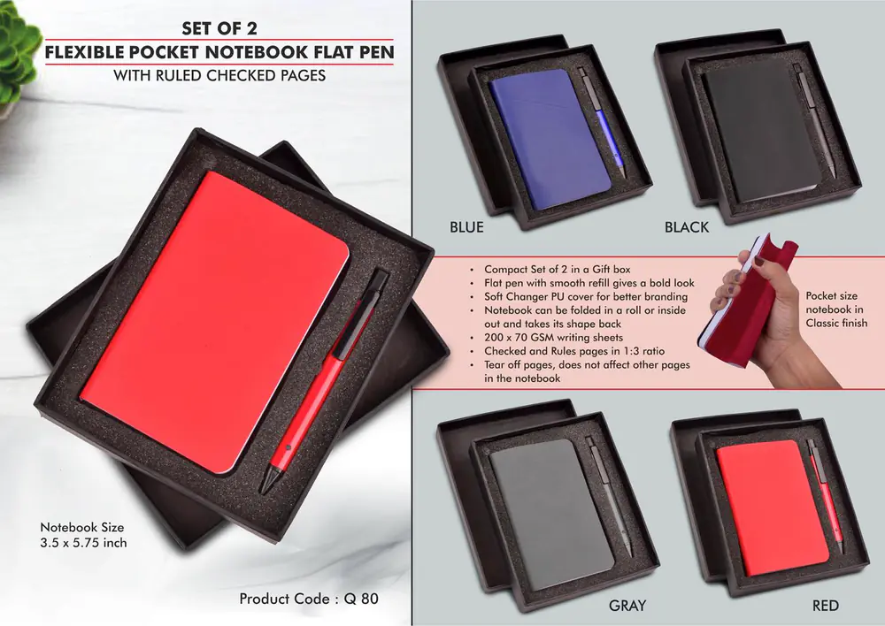 Q80 - Set of 2: Flexible Pocket A6 Notebook with Ruled & Checked pages with Flat Pen