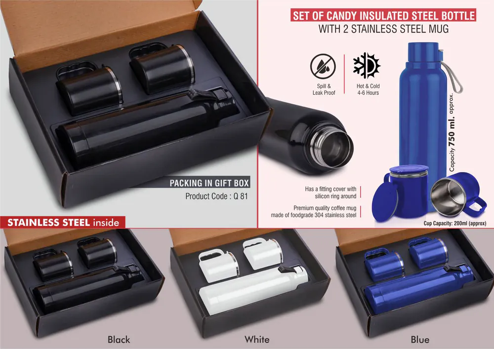 Q81 - Set of Candy Insulated Steel Bottle with 2 Stainless Steel cups in Gift box | Keeps hot/cold up to 6 hours | Exclusive blister packing