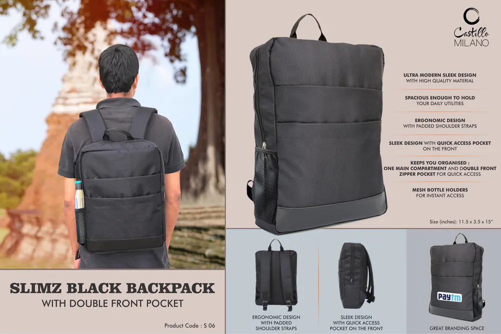 S06 - Slimz black backpack with double front pocket