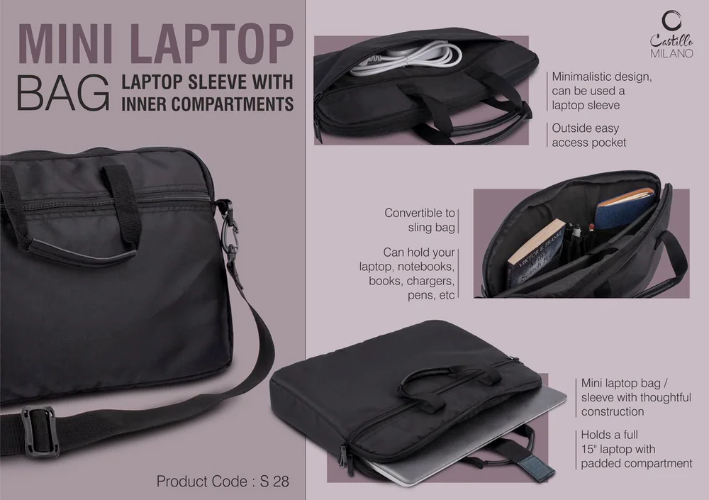 S28 - Mini Laptop bag / Laptop Sleeve with inner compartments | Convertible to Sling Bag