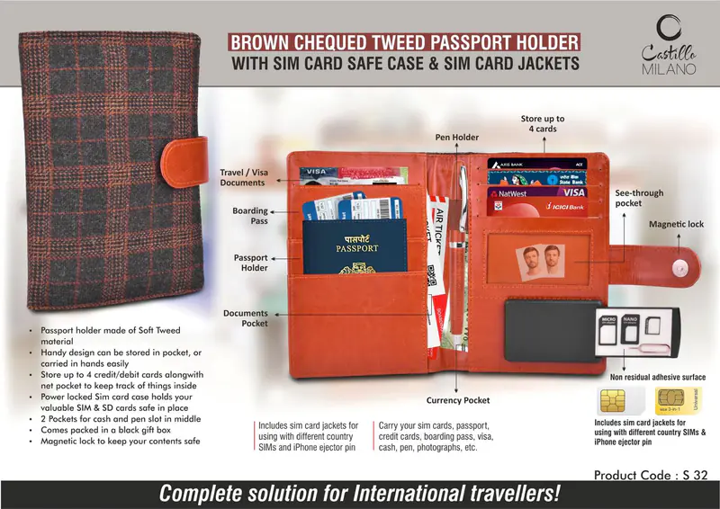 S32 - Brown Chequed Tweed Passport holder with Sim Card Safe Case & Sim Card Jackets