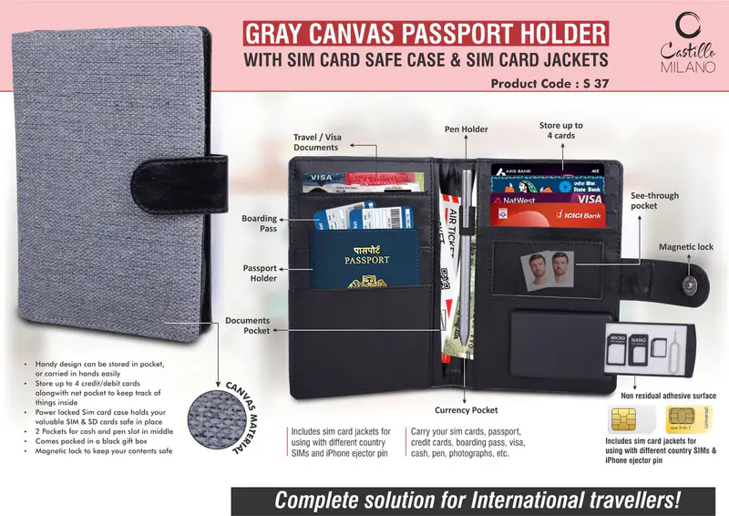 S37 - Gray Canvas Passport holder with Sim Card Safe Case & Sim Card Jackets
