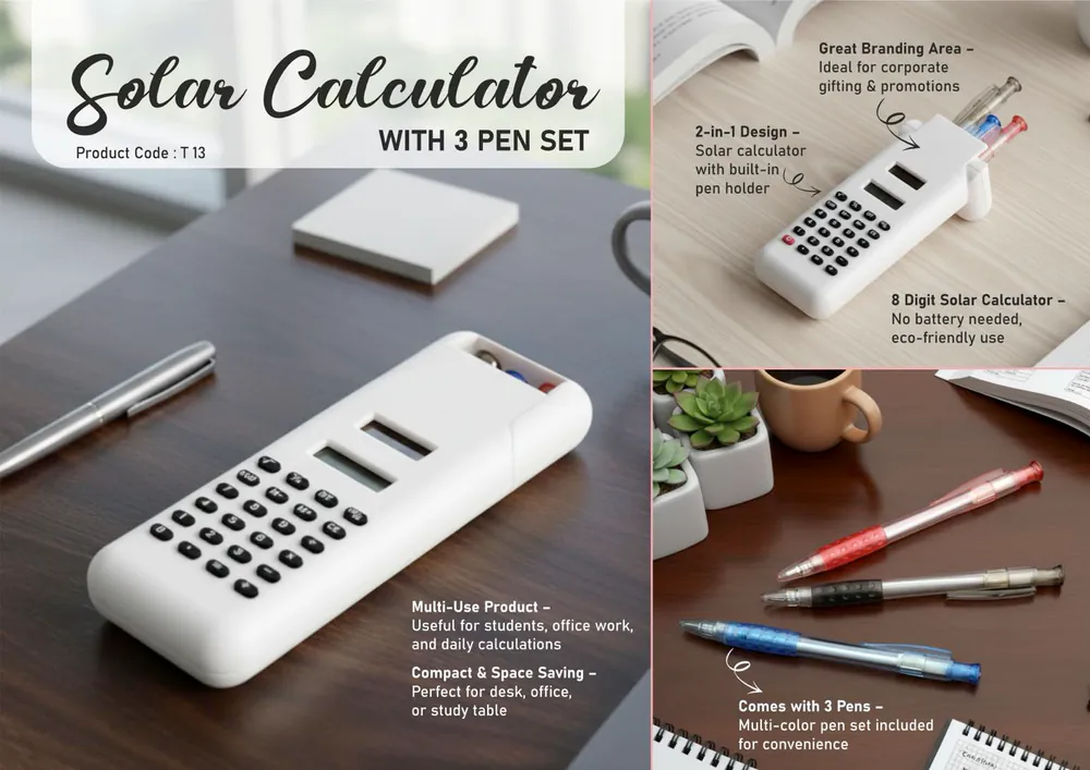 T13 - Solar calculator with 3 pen set