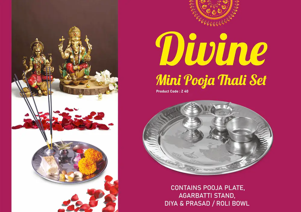 Z40 - Divine Mini Pooja Thali set | Contains Pooja Plate, Agarbatti stand, Diya, Prasad bowl | Contents attached with plate
