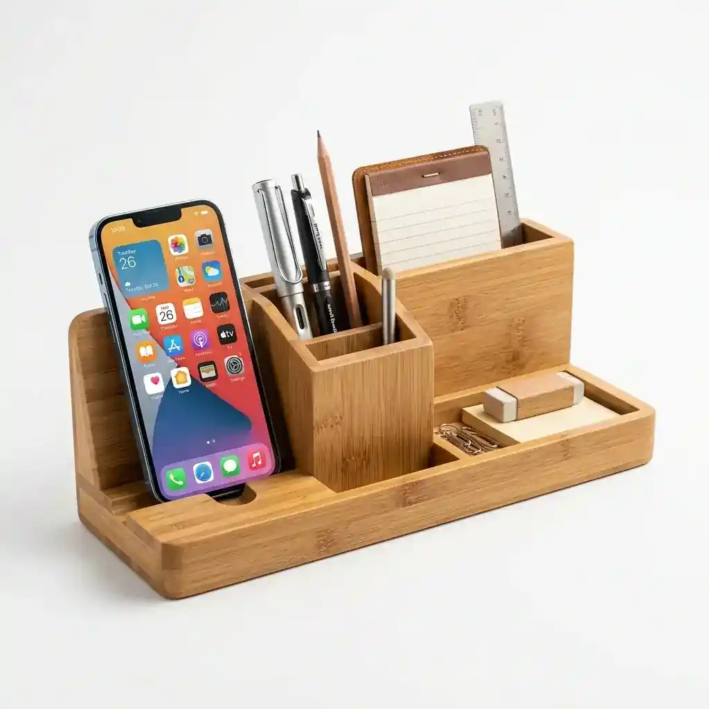 Bamboo Desktop Organizer with Phone Stand