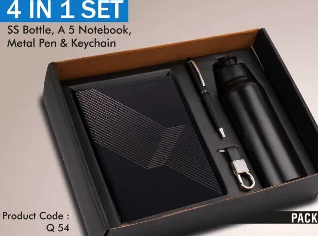 Q54 SS Bottle + Notebook + Metal Pen + Keychain